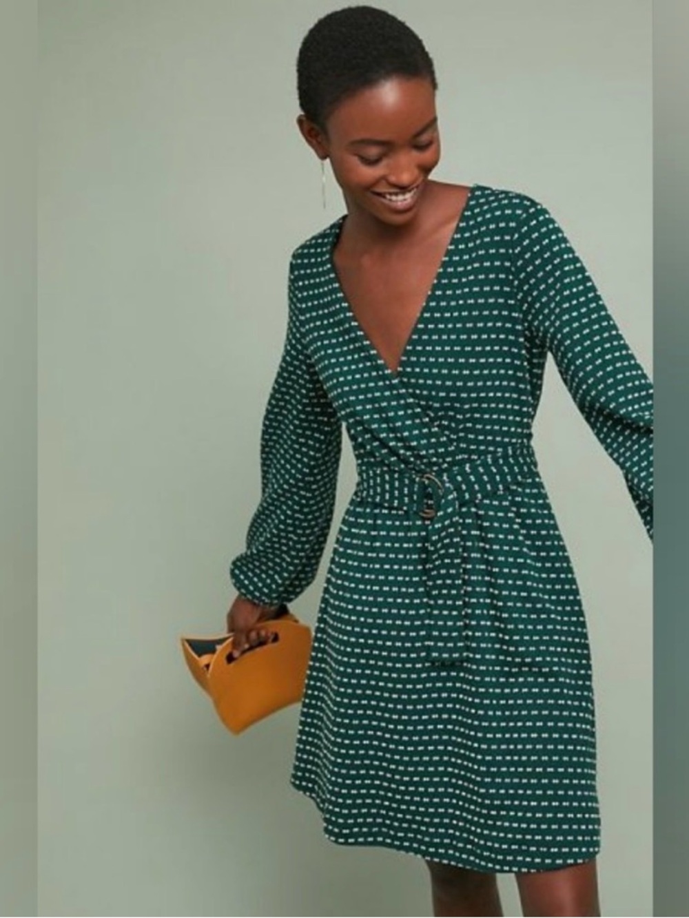 Maeve Anthropologie Green Malta Wrap Dress Belted Long Sleeve Small